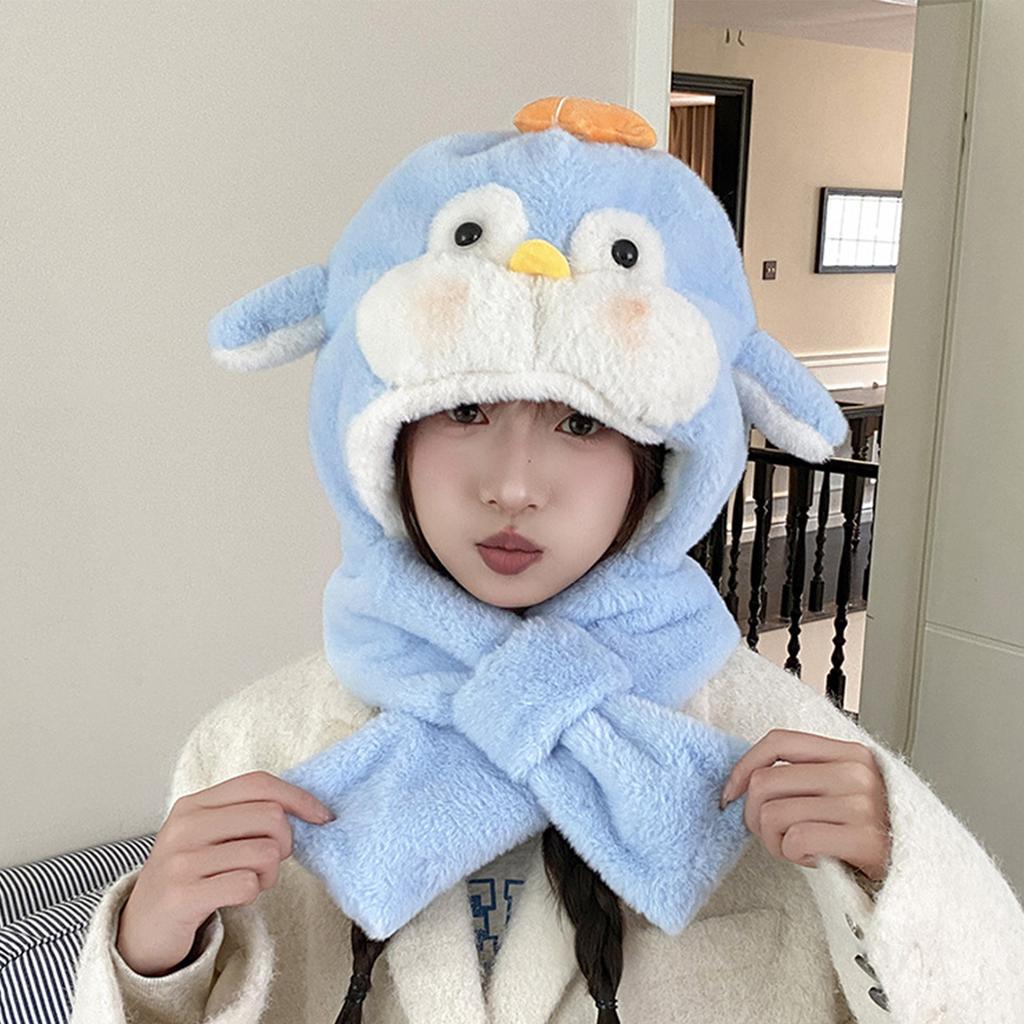 Ladies' Cartoon Cute Hat Scarf Integrated With Thick Velvet Insulation Hat For Keeping Warm