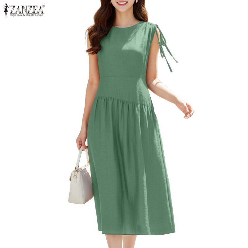 ZANZEA Women Elegant Casual Round Neck Solid Color Sleeveless Dress