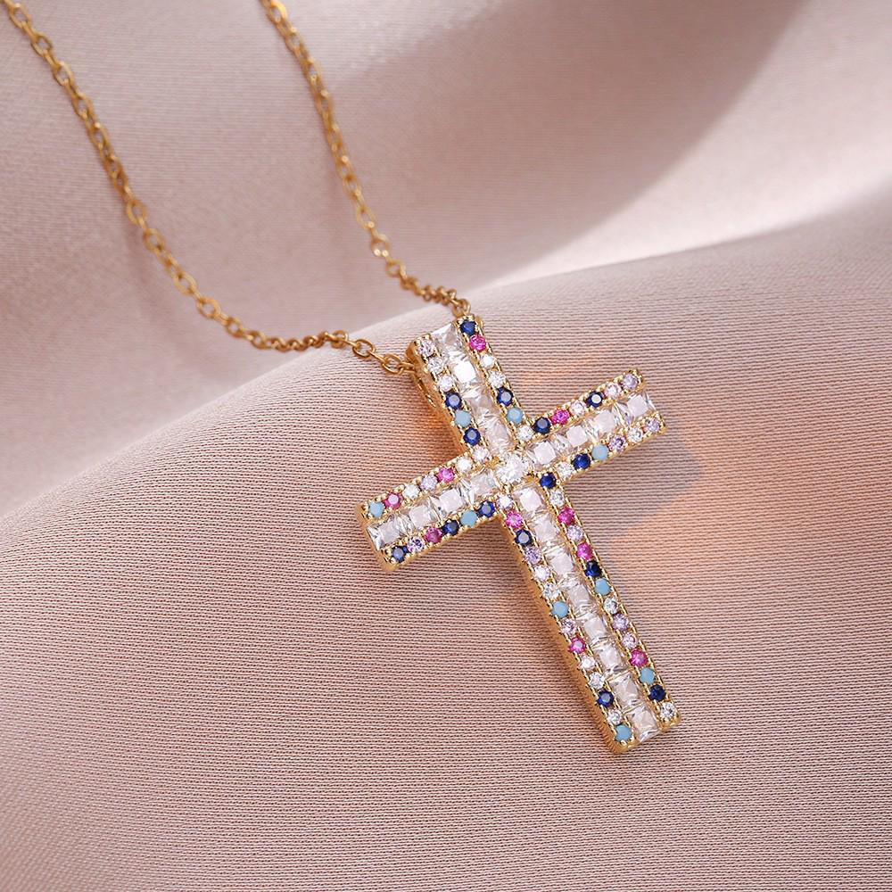 Damen Bunte Zirkon Kreuz Halskette - Nischendesign mit Voll-Diamant-Anhänger an Edelstahlkette