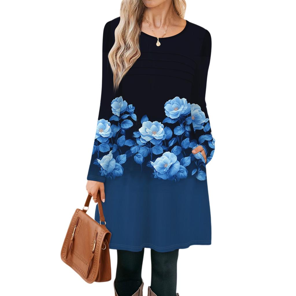 Kvinners avslappet mote langermet grafisk trykt vintage kjoler med lommer
