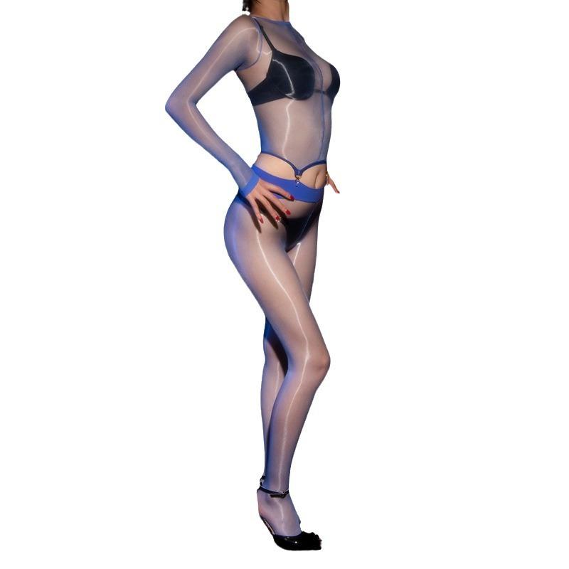 Sexy Women 1D Thin Oil Glossy Shiny Hollow Out Bodysuit Sheer See Through Elastic Maid Tight Shapping Leotard With Garter