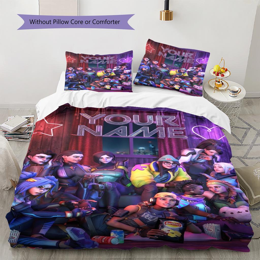 Name Custom Valorant Game Pattern Bedding Set Quilt Cover Pillowcase Home Decor Gift (1 * Duvet Cover + 2 * Pillowcase, Without Core)
