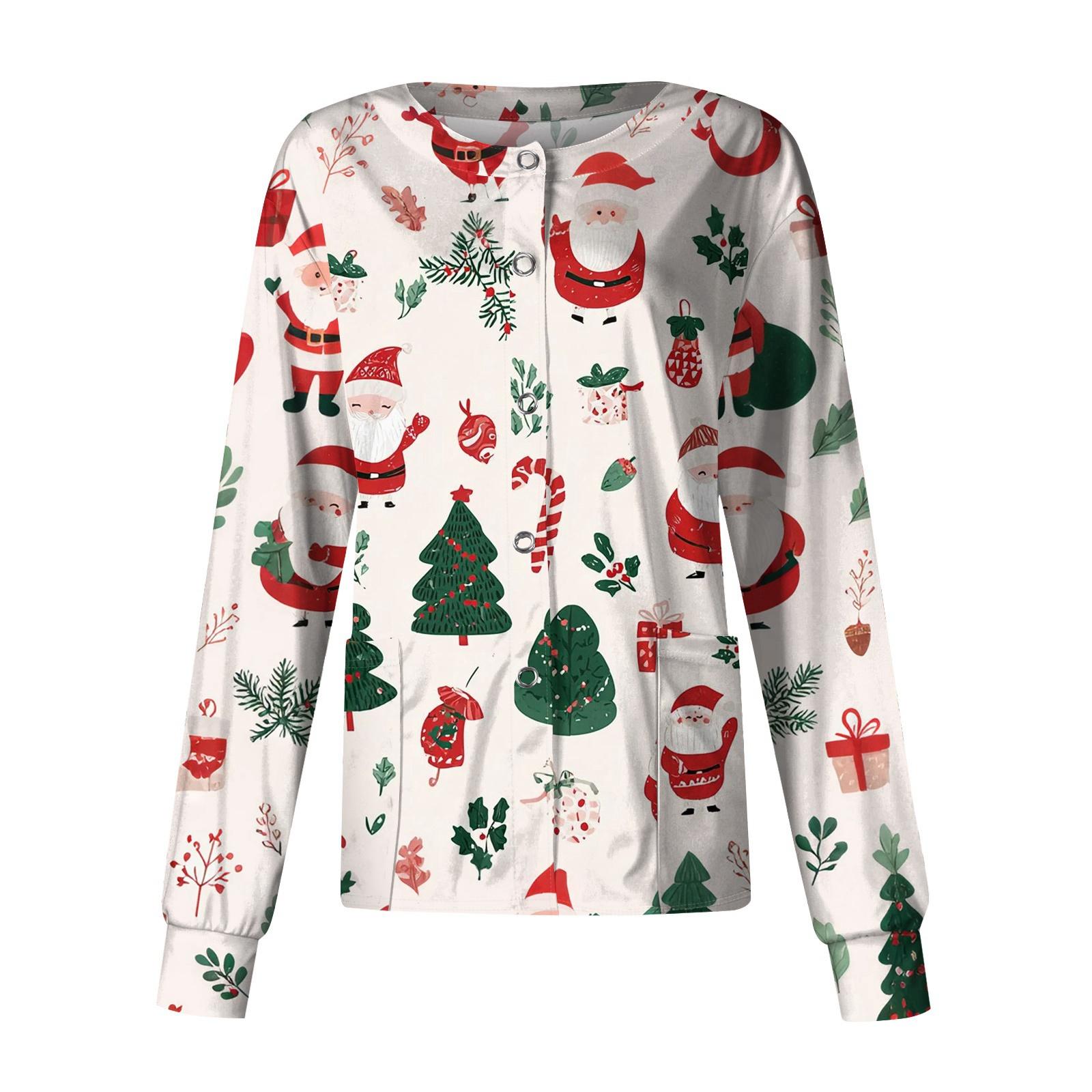 

Женский повседневный однобортный однобортный защитная одежда с рождественским принтом и длинными рукавами, кардиган, топ S белый
