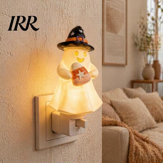 Decorative Wall Light Halloween Pumpkin Ghost Night with Witch Hat, Resin Soft Glow Plug-in LED Bedroom Light, Spooky Sconce for Party Home