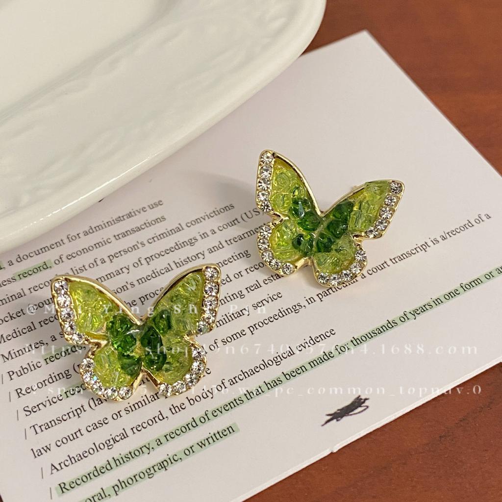 Mori green crystal gravel butterfly stud earrings women's new niche design high-end versatile earrings