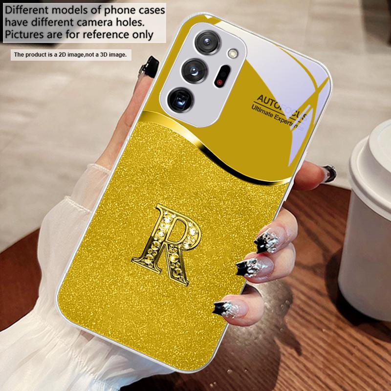 Golden edged letter R For Samsung M 02 12 Note 8 9 10 20 A 01 A02 A03 Core 04 A05 06 10 12 13 14 15 A16 glass Ultra phone case