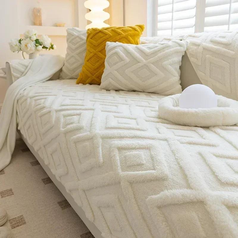 1PC Nordic Jacquard Sofa Cover Solid Color Non-Slip Couch Cushion Towel Warm Winter Thicken  L-shaped Sofa Cover for Living Room