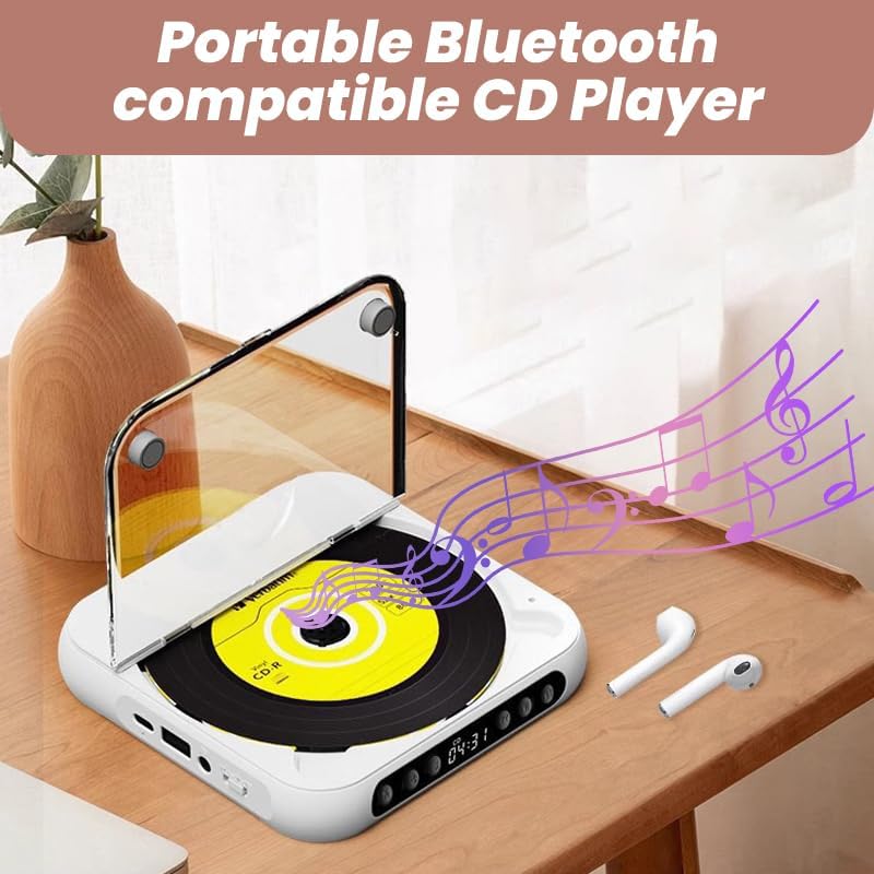 Portable CD Player with Bluetooth 5.3 – Hi-Fi Sound Rechargeable Battery, Supports CD/CD-R/CD-RW/MP3 Compact & Lightweight