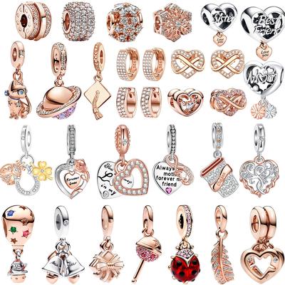 Original 925 Silver Rose Gold Charms Snowflake Heart Fish Earrings Beads For DIY Jewelry Necklace Bracelet Gift