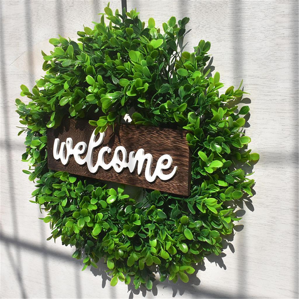 Simulation Wreath Welcome Door Decoration Green Wreath Wooden Sign Pendant