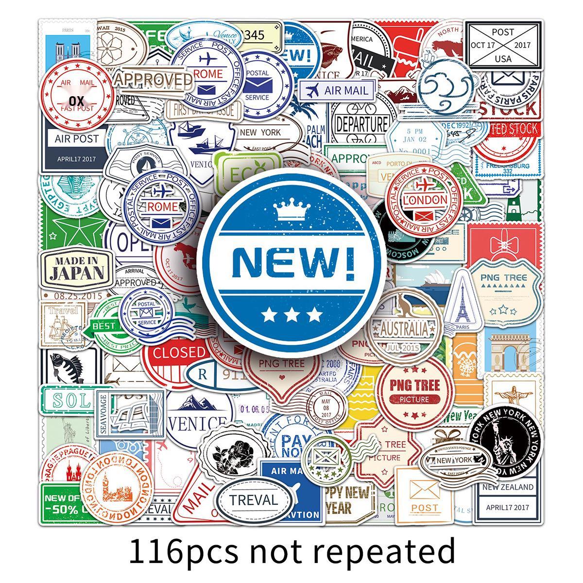 Retro Postmark Graffiti Travel Stickers - Waterproof DIY Skateboard & Suitcase Set (116 Pieces)