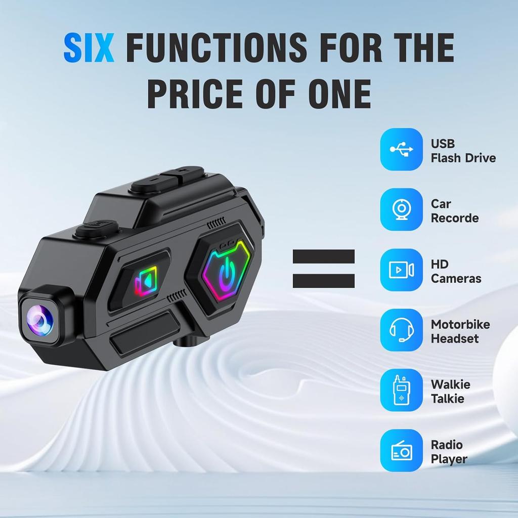 IPX6 Motorcycle Bluetooth 5.3 Intercom 1080P Dashcam 120° Camera 50H Battery