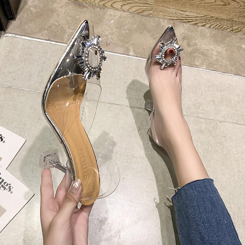 2024 Sommar Damsandaler Enfärgad Spetsig Tå Strassdekorerade Damsandaler Transparent Rem Stilettklack Slip-on