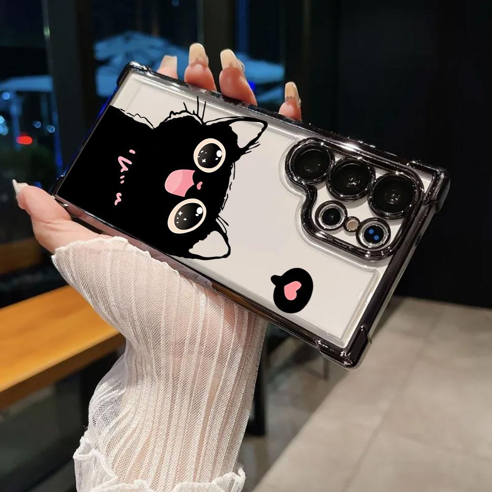 Black Cat Cartoon Art Funda For Samsung S26 Ultra Phone Case For Galaxy S25 FE S26 S24 S23 S22 S21 Ultra S20 Plus 5G Clear Cover