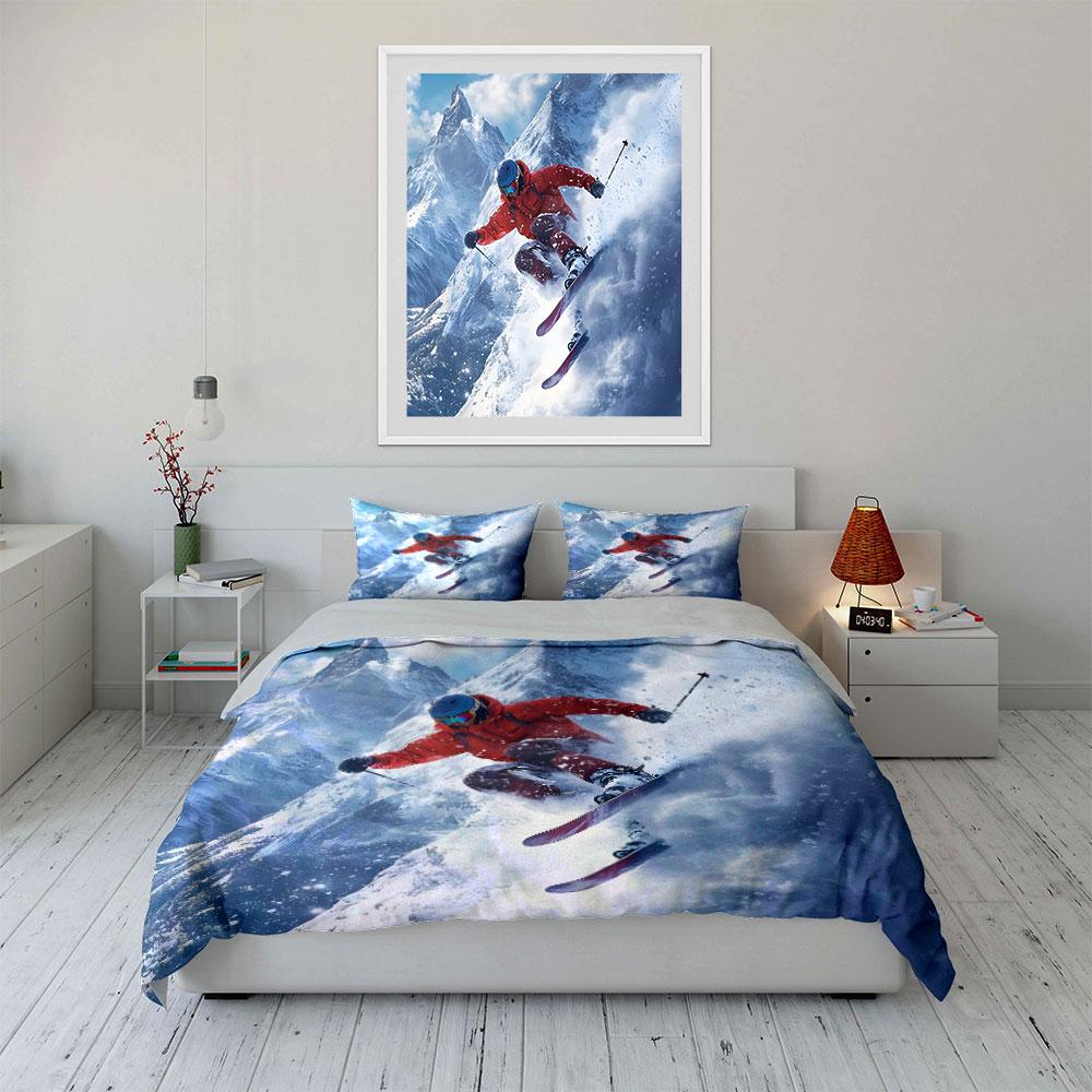 Skier Speeding On Snowy Mountain Print Soft Comfortable Duvet Cover Bedding Set Included 1*Duvet Cover 2*Pillowcases