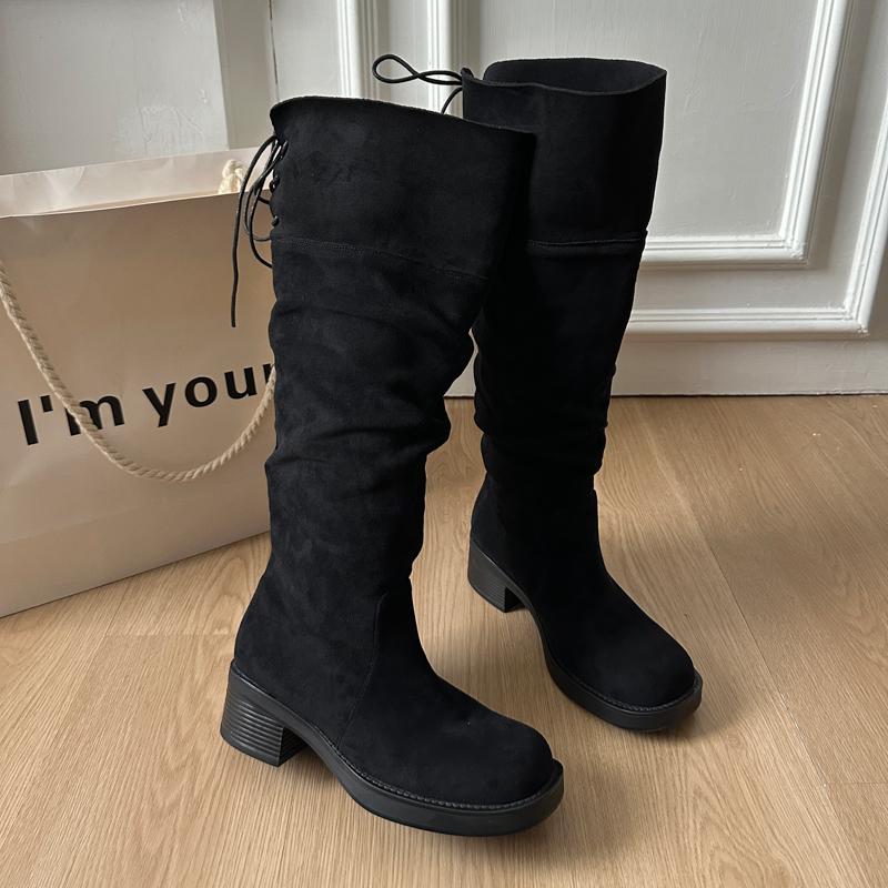 Winter Platform Height Increase Woman Western High Boots Fashion Thick Heel Shoes Female Punk Vintage Slip On Long Booties