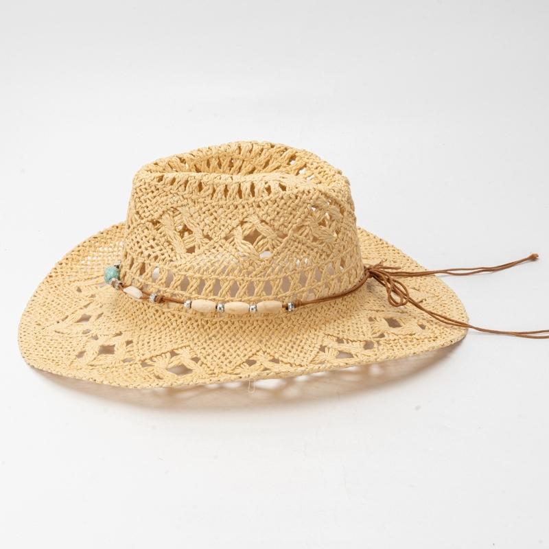 Handmade Sun Hat Hollowout Sun Protective Hat Wide Brims Hat with Bead Band Vacation Sun Straw Hat Photography Headpiece