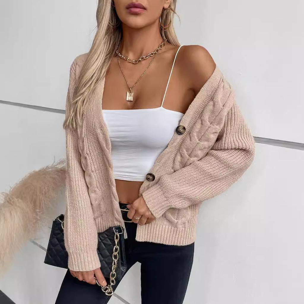 QICED Dámský podzimní a zimní vintage jednořadý svetr s pleteným kardiganem v jednobarevném provedení