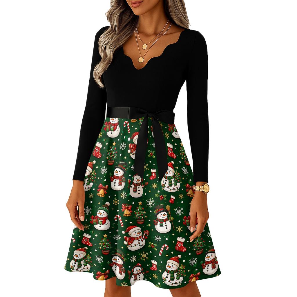 Women's Fashion Casual V-Neck Long Sleeve Vintage Christmas Print Dress
