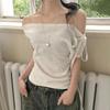 2025 Summer Off-Shoulder Polka Dot Lace-Up T-Shirt - Trendy Girly Style