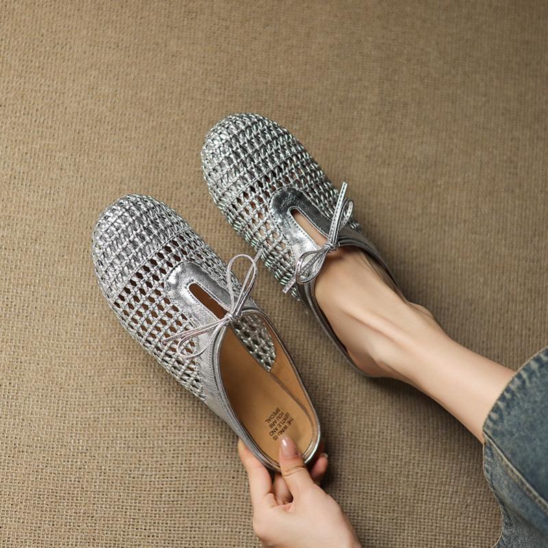 Fashion Women's new summer leather cowhide lace up bow, low heel, round head, hollowed out breathable toe, Mueller slippers