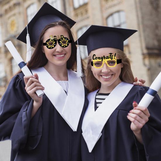 6 stk. svarte og gullfargede avgangsbriller, avgangsbriller 2025, til dekorasjon av avgangsfesten, fotoboksrekvisitter