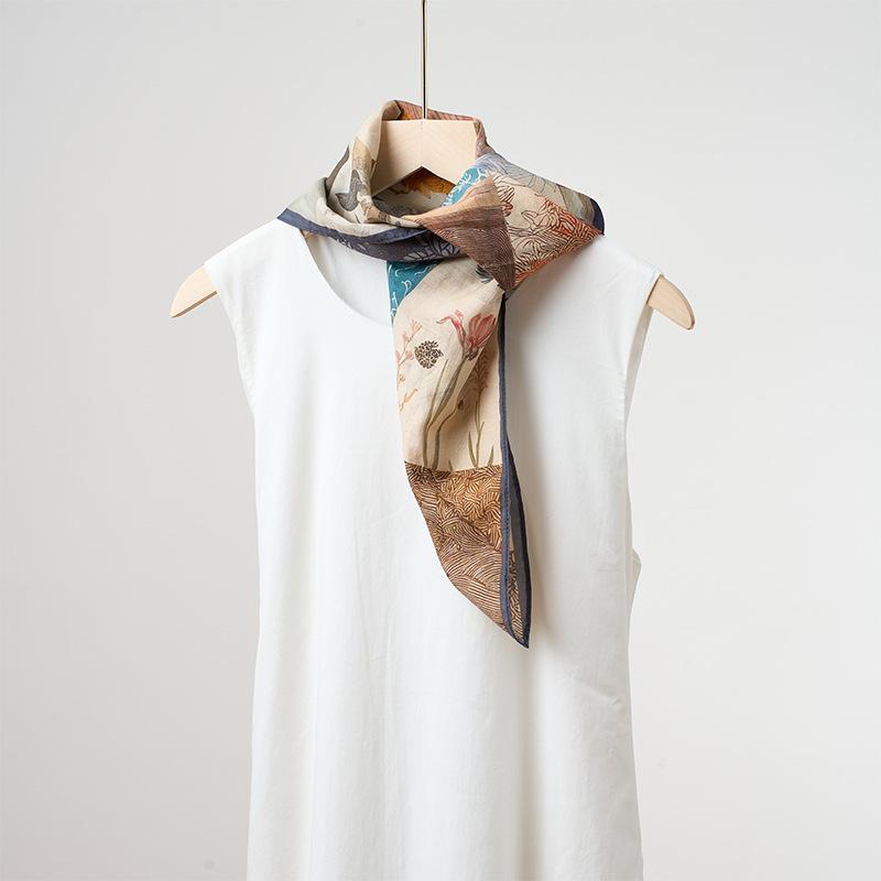 New spring and summer light and breathable 61 * 61cm square scarf versatile printed mulberry silk cotton blended women's silk scarf