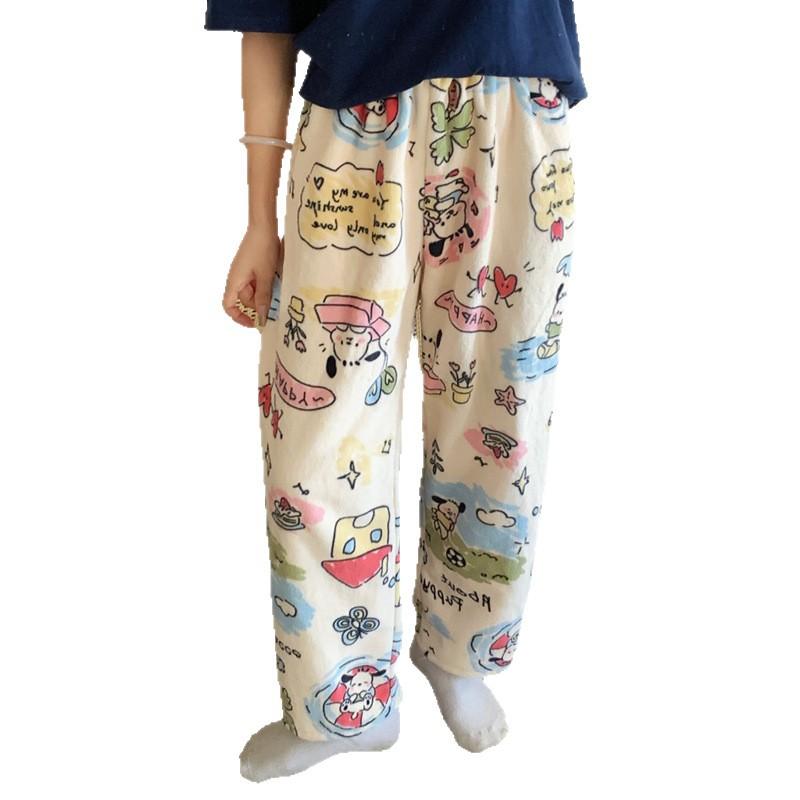 Cute Hello Kitty Women's Coral Fleece Pajama Pants Cartoon Kitty Sleepwear Loungewear