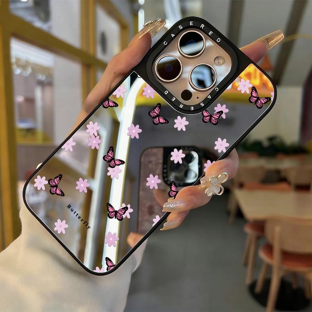 Pink butterfly floral printed mirror phone case suitable for iPhone 17 16 15 14 13 12 11 Pro/Max/Plus anti drop and shockproof