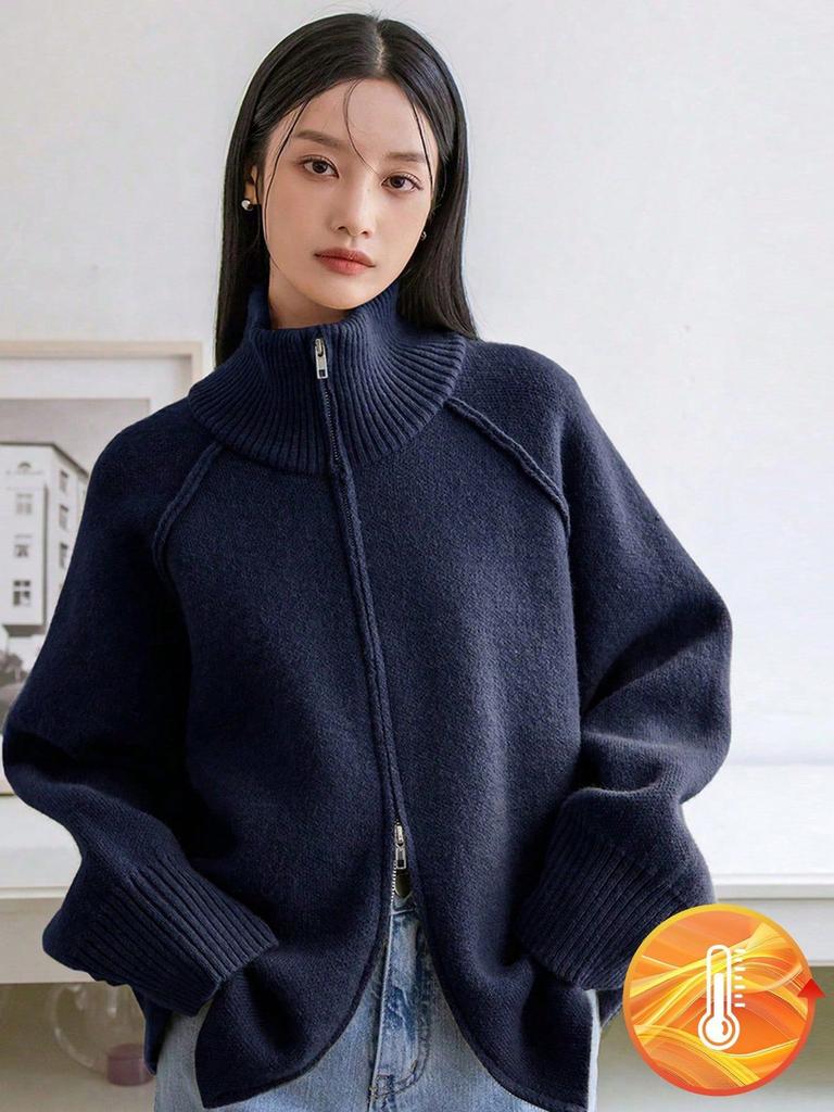 Solid Stand Collar Zip Knitted Cardigan Top Sweater Jacket