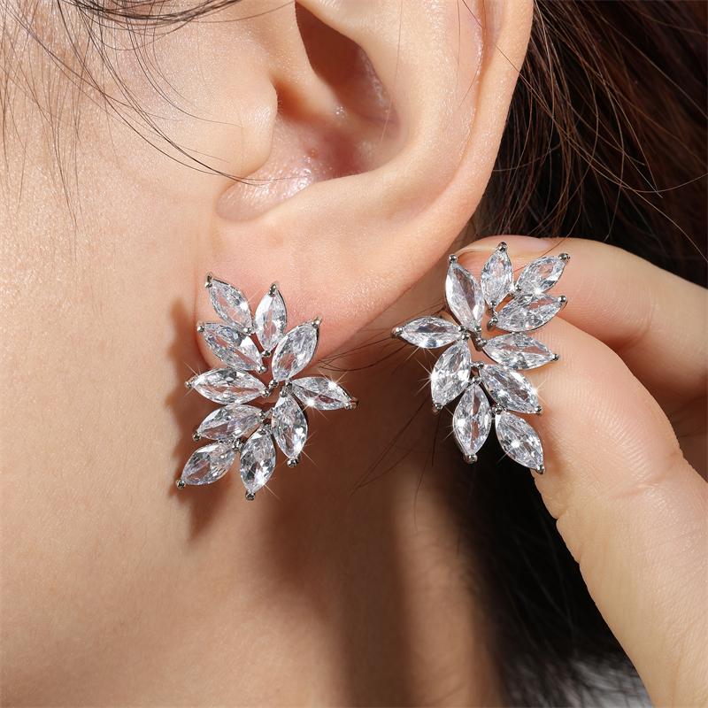 ZAKOL Fashion Sliver Color Leaf Cubic Zircon Stud Earrings for Women Shinny Crystal Flower Earring Zircon