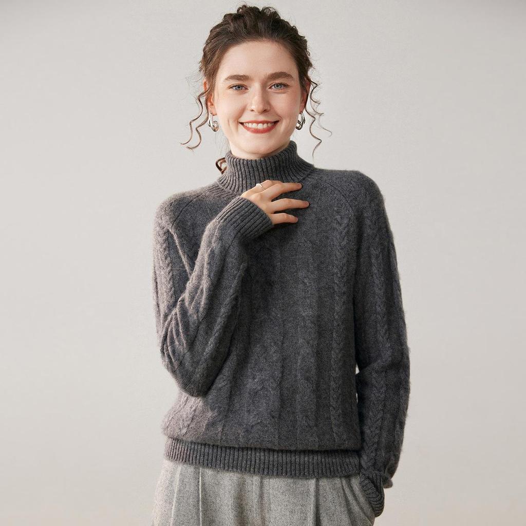 Autumn Winter Cashmere Knit High Collar Raglan Sleeve Women's Shirt