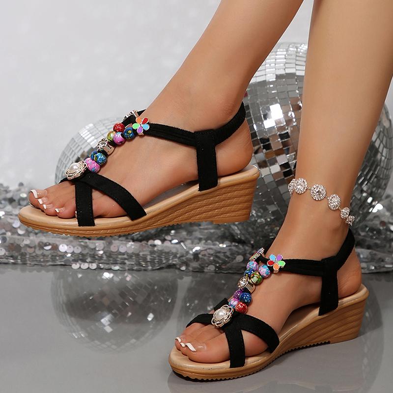 Mode Mode String Perlen Keilsandalen für Damen Sommer 2025 Böhmischer Stil Strandschuhe Frau Elastikband Slipper Römische Sandalen