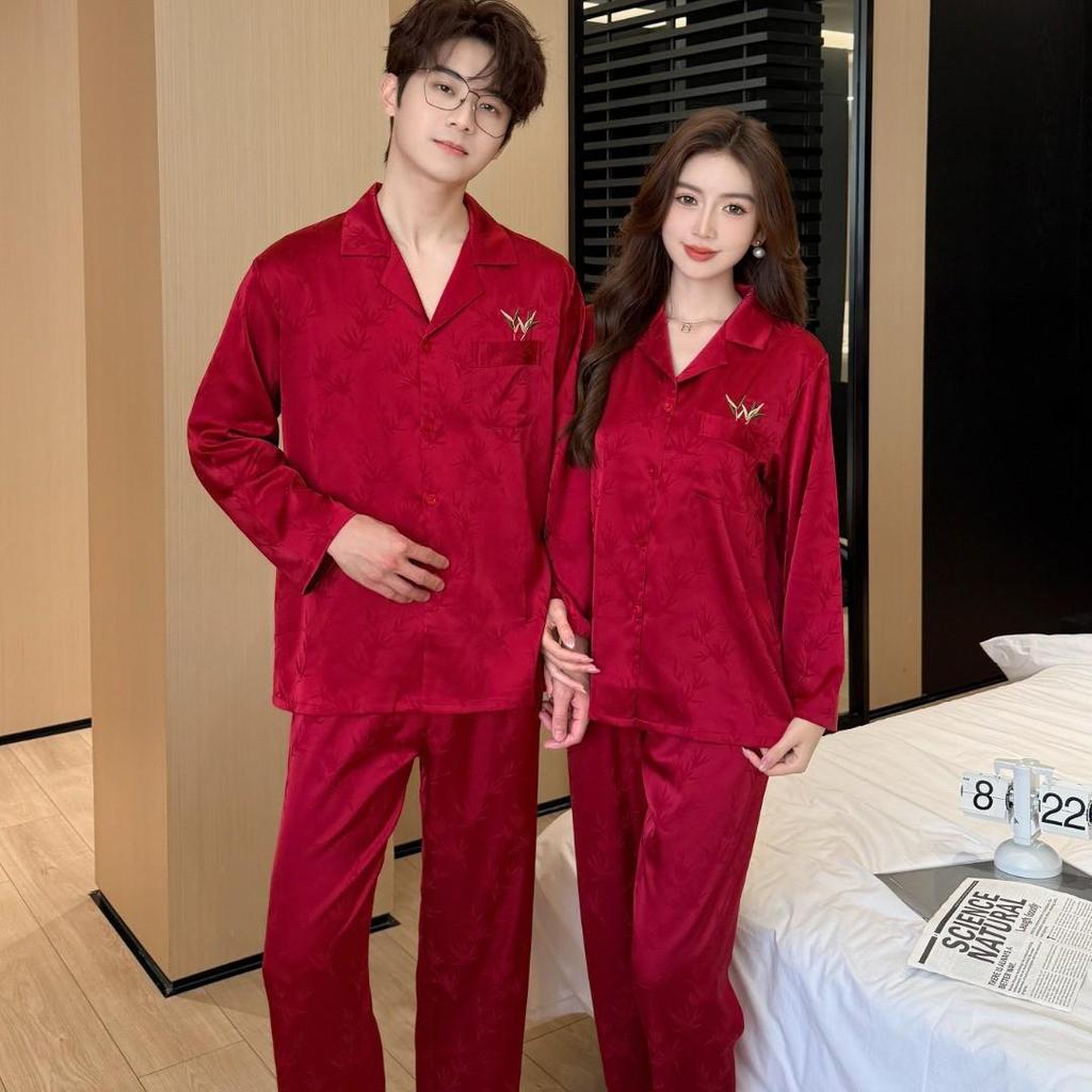 Fashionable Red Wedding Couple Pajamas: Women's Ice Silk Long Sleeve Set & Men's Casual Homewear for Spring/Autumn