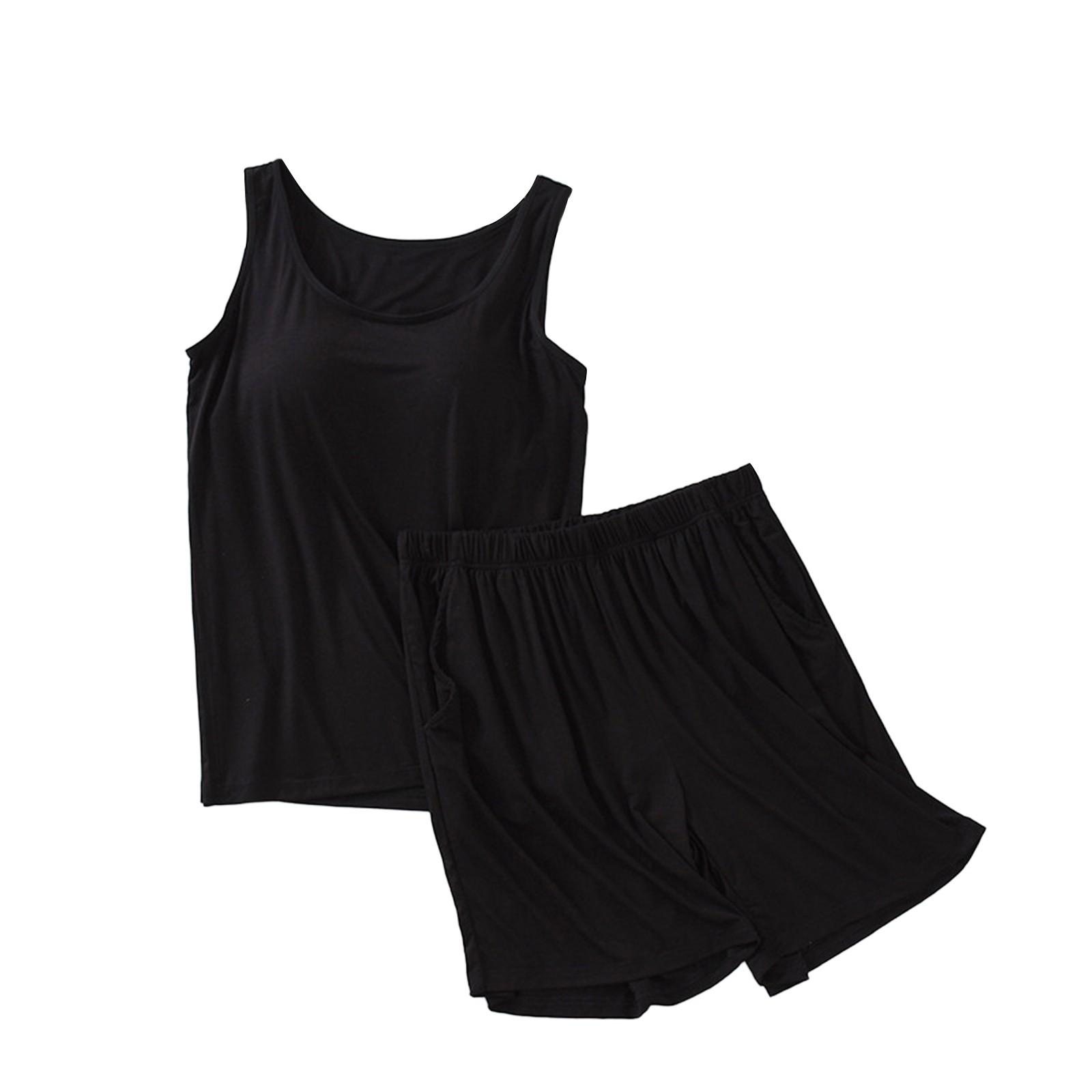 

Женский пижамный комплект с нагрудной подкладкой, однотонный жилет без рукавов, короткие штаны с разрезами, комплект из двух предметов XXL чёрный