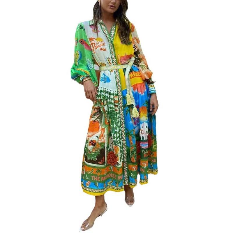 

Повседневные платья с длинными рукавами. Растительные и цветочные принты. Платье с отложным воротником. Женская мода. Платье с высокой талией. Рубашка на пуговицах с завязками. Платье макси. Пляжное платье. XL зелёный