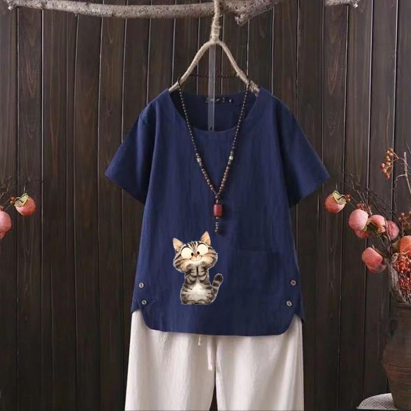 

Женская мода оранжевый кот принт летняя повседневная свободная футболка с коротким рукавом летняя блузка топы 4XL темно-синий
