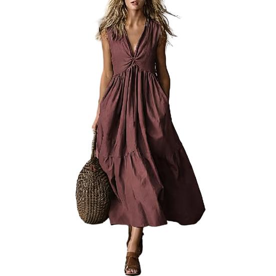 

Летнее макси-платье без рукавов для женщин, с глубоким V-образным вырезом, расклешенное, А-силуэта, с оборками, платье-майка, струящееся, для пляжного отдыха, сарафан XL темно-красного