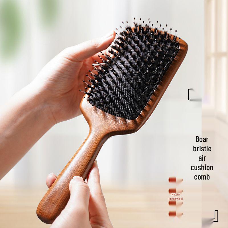 Sandalwood Boar Bristle Paddle Comb: Detangling & Massage for Women's Fluffy Hair