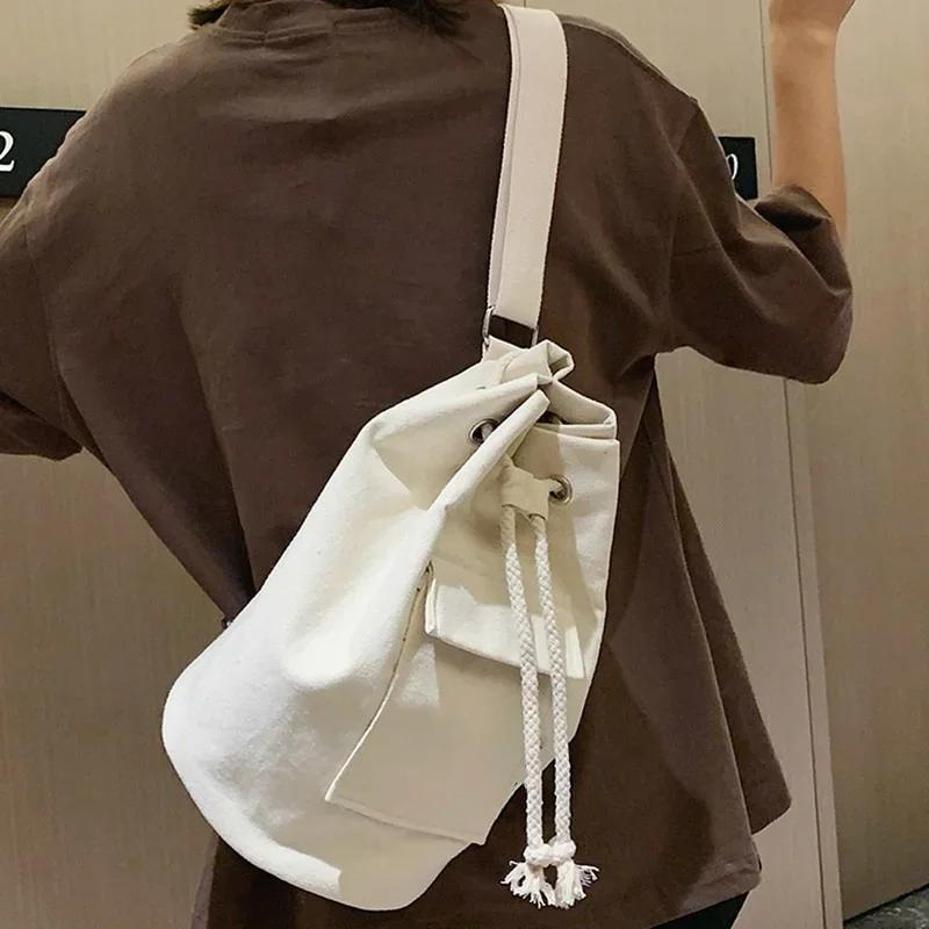 1 Pcs Korean Version Versatile Fashion Simple Solid Color Canvas Drawstring Chain Bucket Travel Women's Shoulder Crossbody Bags