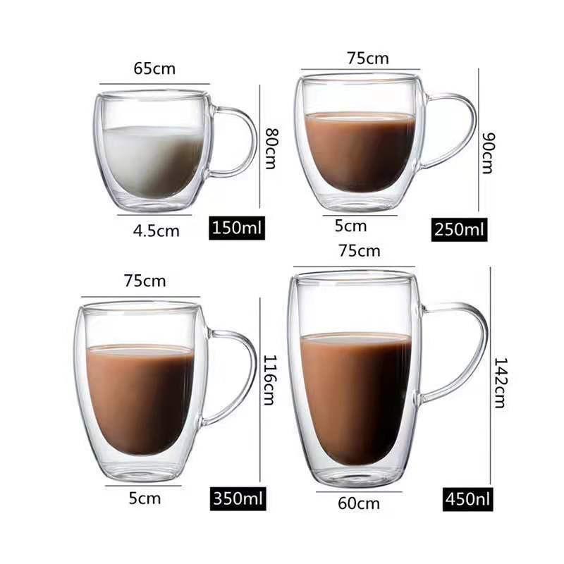 Insulated Double-Walled Glass Cup with Handle - Transparent Milk, Water, Coffee, Tea Cup