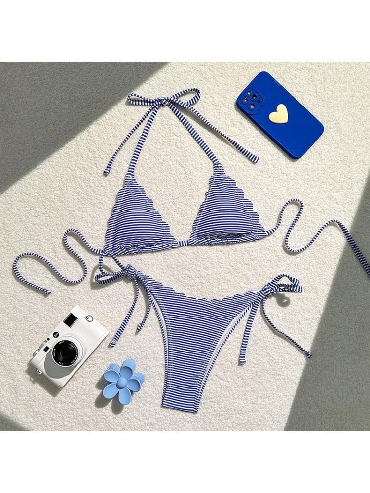 Новый полосатый сексуальный купальник бикини с завязками по бокам для женщин, пляжный купальник L синий
