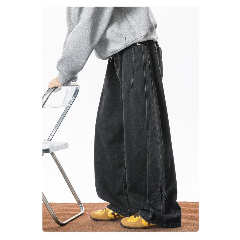 Men Black Structured Split Curved Blade American Retro Loose Straight Long Denim Jeans