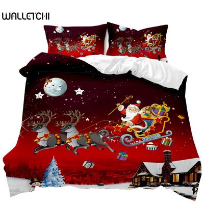 Ensemble Housse de Couette de Noël Dessin Animé Joyeux Noël Ensemble de Literie Joyeux Père Noël Polyester Ensemble de Couette Taie d'Oreiller Double Queen King