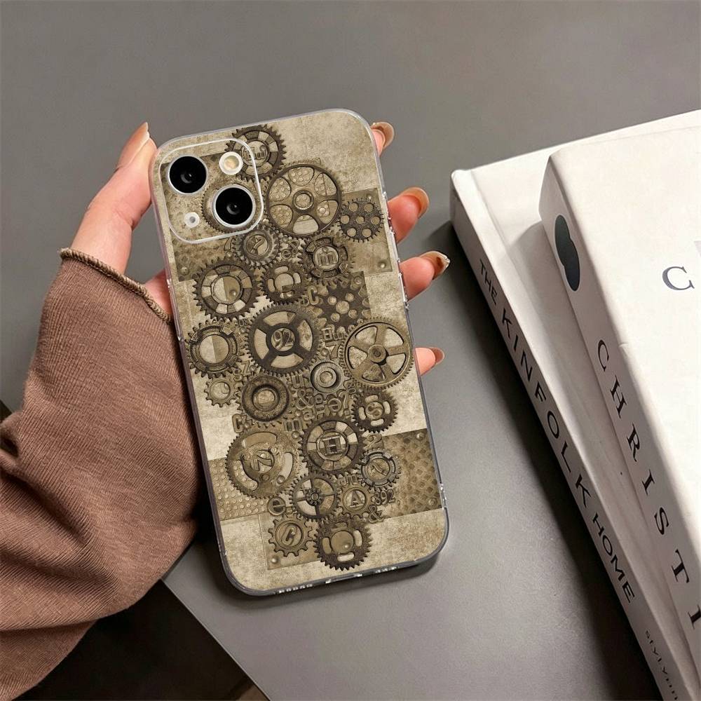 S-Steampunk Gear Mechanical COOL Phone Case For iPhone17,16,15,14,13,12,11 Plus,Pro Max Soft Transparent Cover