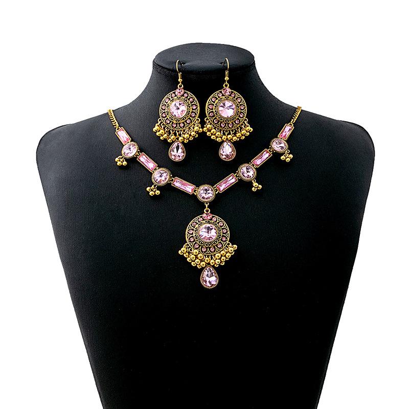 Retro Ethnic Feng Shui Drop Pendant Jewelry Set, Dinner Party Luxury Geometric Round Earrings Square Necklace