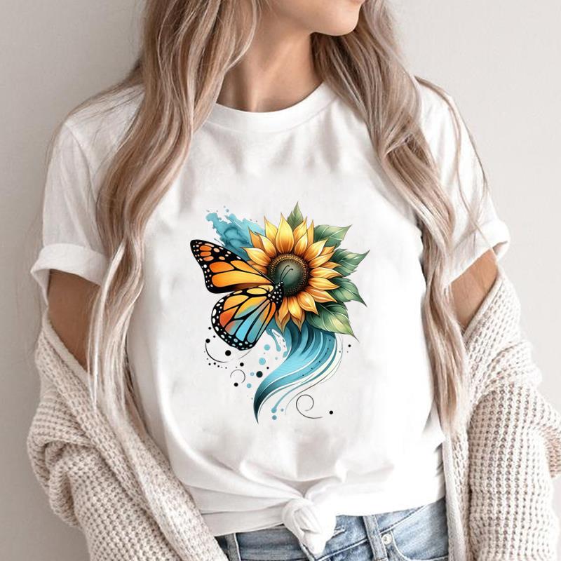 (Asian Size) feather style lovely Print Short Sleeve T-shirts Fashion Female Casual Women's Top T Clothing O-neck Graphic Tee