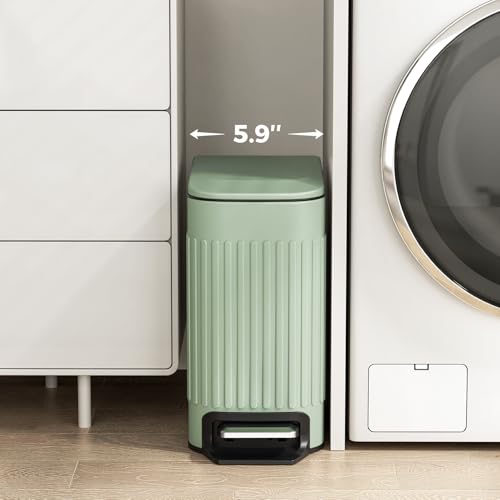 6-liter narrow stainless steel foot-pedal trash can with soft-close lid and removable inner liner, suitable for bathrooms, offices, and bedrooms—gree