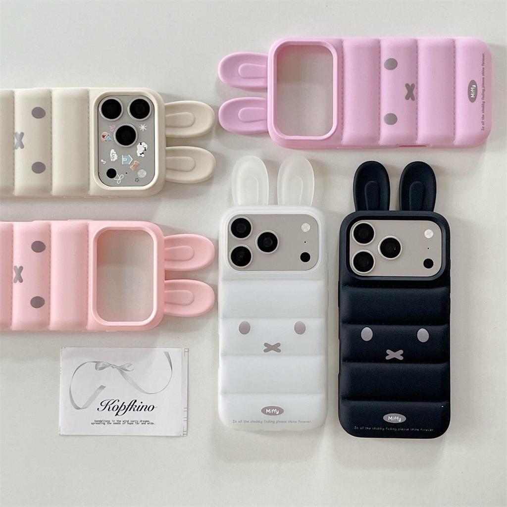 Down Feather 3D Ears Rabbit iPhone 15/16/17 Pro Max Anti-Drop Case