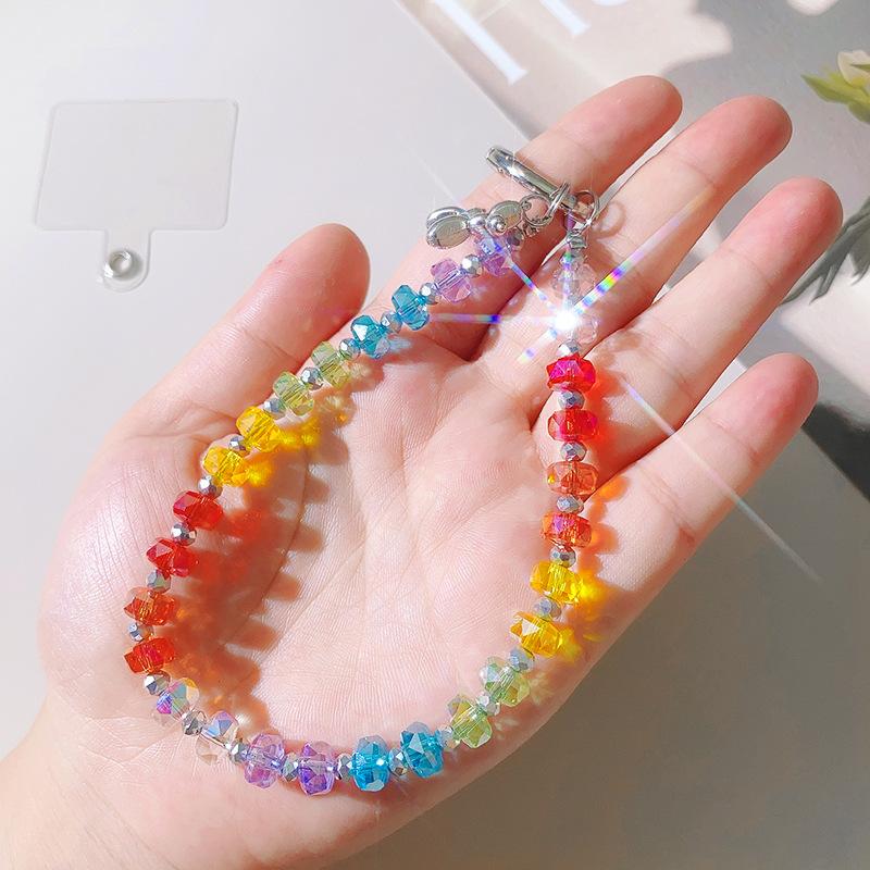 Colorful Crystal Rainbow Gradient Short Phone Lanyard Bag Charm Anti Lost For Women